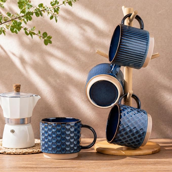 GBhome 12OZ Stackable Coffee Mugs with Stand, Ceramic Coffee Mugs with Texture Patterns for Man,Woman,Dad,Mom, Modern Coffee Cups Set of 4 for Latte/Cappuccino/Cocoa. Dishwasher&Microwave Safe