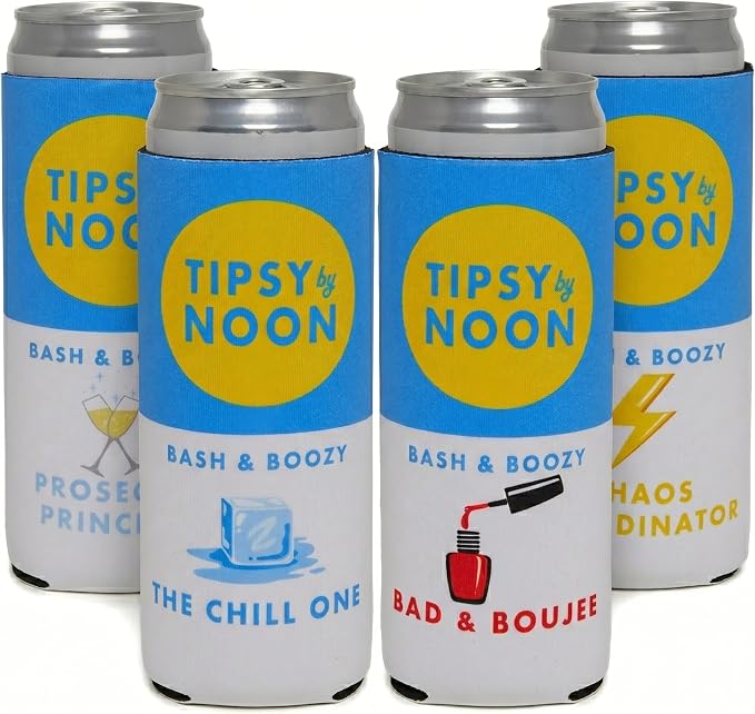 Funky Junque Bachelorette Party Favors Slim Can Cooler, Funny Bridesmaid & Bride Gifts for Girls Trip, Bridal Shower Decorations & Accessories, 12 oz Skinny Can Covers - Tipsy by Noon - 4 Pack
