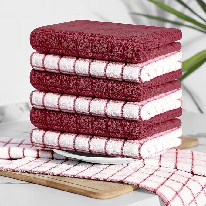 Homaxy Premium Cotton Kitchen Towels 16"x 28", Large Natural Ring Spun 390 GSM Dish Towels, Super Absorbent Terry Kitchen Hand Towels, Soft Tea Towels with Hanging Loop, Red Check Design,6 Pack