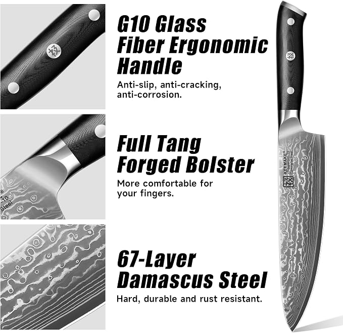 KEEMAKE Damascus Kitchen Knife Set, 3 PCS Japanese Knife Sets with Full Tang Ergonomic Handle, 67 Layers Damascus Chef Knives, Gift Box for Men Husband