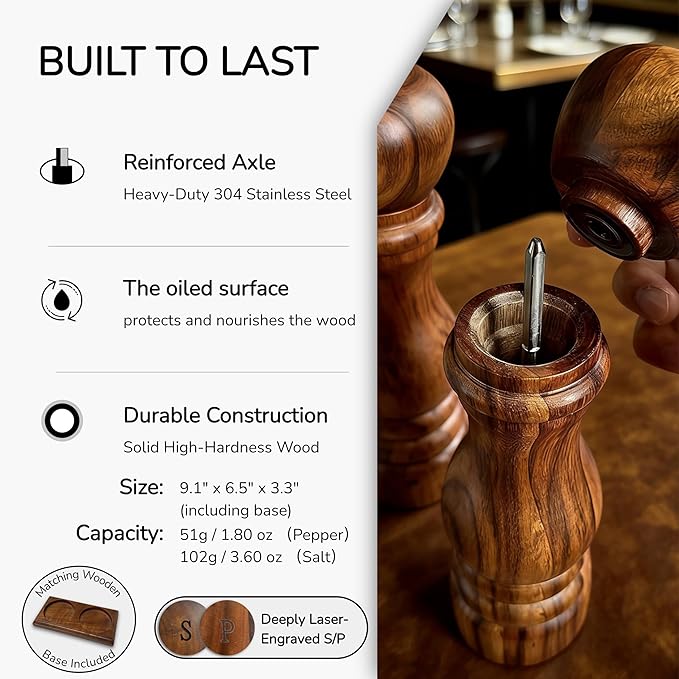 Wooden Salt and Pepper Grinder Set, Manual Salt and Pepper Mill with Ceramic/Stainless Steel Core, Refillable Salt Grinder with External Adjustable Coarseness, 9” Tall (Acacia)