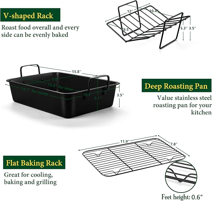 E-far Roasting Pan with Racks, Small Stainless Steel Turkey Roaster with V-Shaped & Cooling Rack for Oven, 14 Inch Nonstick Deep Broiler Pan with Handles for Baking Chicken Lasagna Meat, Heavy Duty