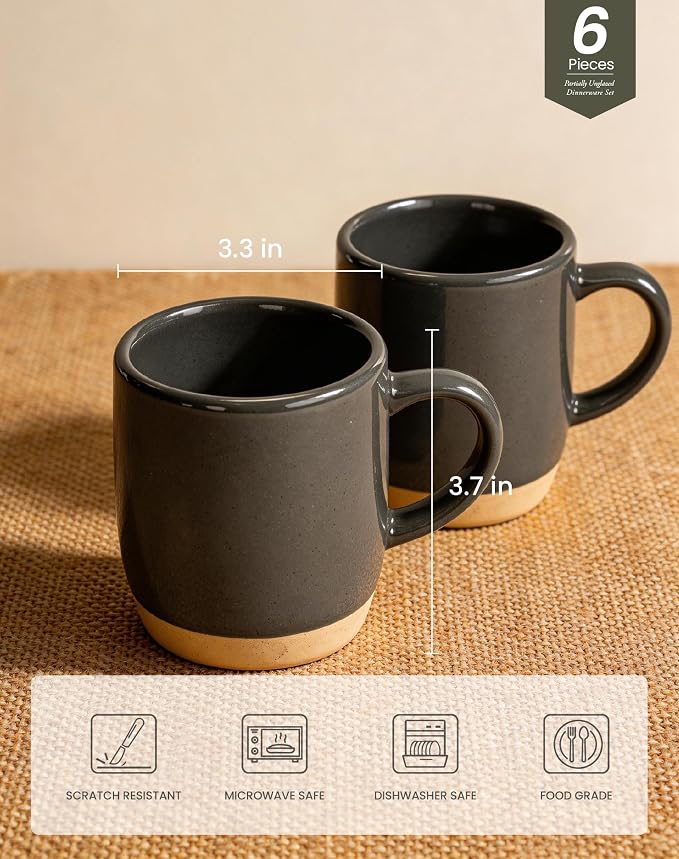 OTAGO Coffee Mugs for 6, 12 oz Mug Set, Partially Unglazed Base,Dringking Cup with Handle for Coffee, Tea, Cocoa, Milk, Gray