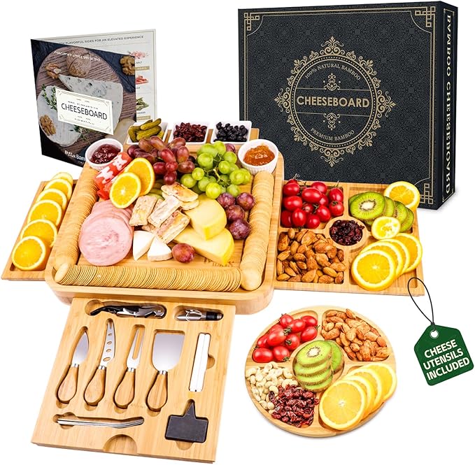 Bamboo Charcuterie Board Gift Set | Large Cheese Board with Hidden Drawers, Knives & Bowls | Perfect Housewarming, Wedding for Couples and Hosts