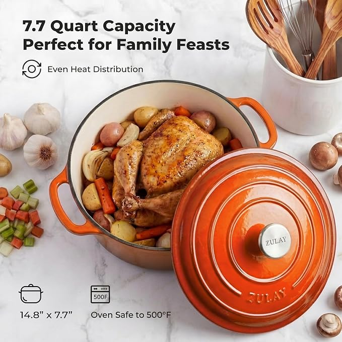 Zulay Kitchen 7.7 Quart Enameled Cast Iron Dutch Oven Pot with Lid – Premium Durability & Oven Safe up to 500°F – Heavy Duty Cookware Perfect for Bread Baking, Stews, Braising & Roasting – Orange