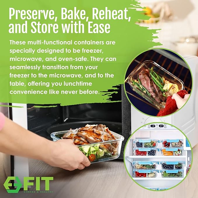 FIT Strong & Healthy 4-Pack 2 & 3 Compartment Glass Meal Prep Containers & 32oz Glass Water Bottle with Straw Lid, Time Marker, Sleeve & Extra Lid (Black)