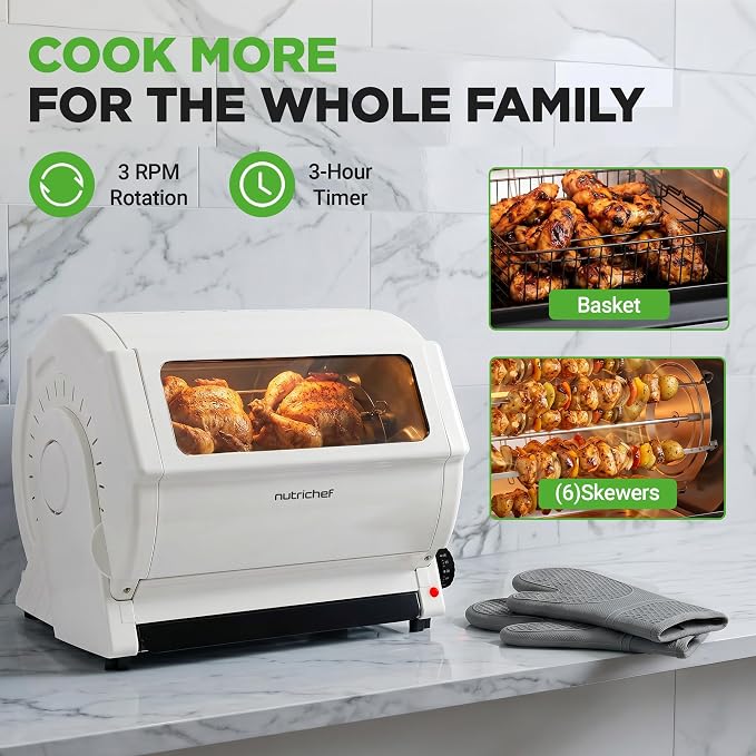 NutriChef Horizontal Rotating Shawarma Oven | Rotisserie, Shawarma & Kebab Machine | Includes Large 22.4 Quart Capacity, 3-Hour Timer & 6 Kebab Skewers | Ideal for Chicken,Turkey & Lamb | White