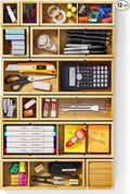 12-Piece Bamboo Desk Drawer Organizer Set – Adjustable Storage Boxes with 24 Compartments, Non-Slip, Modular Design for Office, Jewelry, Vanity, and Kitchen Utensil Drawer Storage