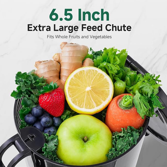 AMZCHEF Cold Press Juicer – 6.5" Wide Mouth Hopper for Whole Recipe Loading, Self Feeding for Hands-Free Operation, Zero Waste Masticating Juicer For More Juice, Less Pulp – Triple Strainers