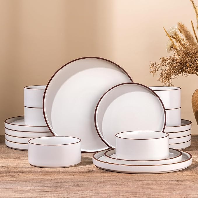 LERATIO Ceramic Dinnerware Sets for 8, High Edge Stoneware Plates and Bowls Set, Chip and Crack Resistant | Oven & Dishwasher & Microwave Safe Dishes Set, Service for 8 -Vanilla White