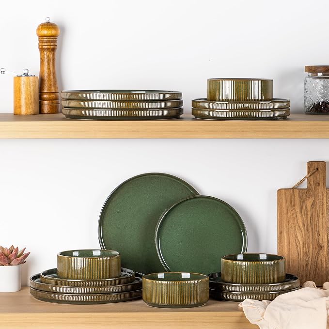 GBHOME Stoneware Dinnerware Sets for 4, 12 Pieces Lightweight Ceramic Ribbed Plates and Bowls Set, Reactive Glaze Stackable Plate Sets, Scratch Resistant Dishes, Microwave & Dishwasher Safe,Sage Green