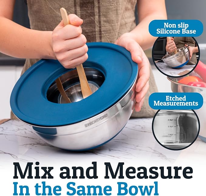 Priority Chef 6Pc Stainless Steel Mixing Bowls with Lids Set, Huge 7 Qrt Size Metal Bowl Set for Kitchen, 3 Graters, Non-Slip Bases & Silicone Utensils Set, Blue