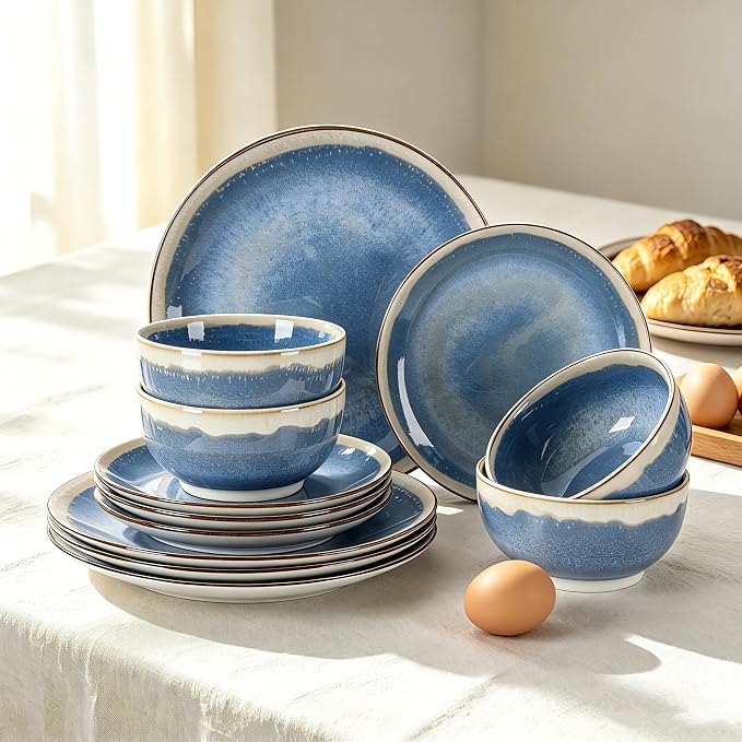 Sweejar 12 Pieces Ceramic Dinnerware Sets for 4, Gradient Glaze Plates and Bowls Set, Microwave & Dishwasher Safe, Stackable Dish Set, Scratch Resistant Dishware Sets, Purple