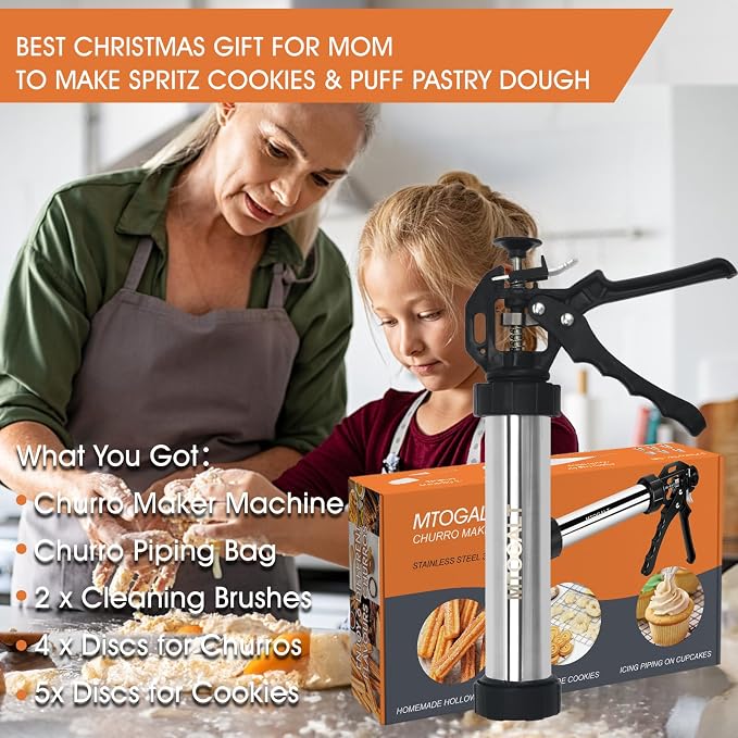21-Piece Cookie Press Set & Churro Maker Machine – Stainless Steel Baking Gun for Spritz Cookies, Hollow Churros, and Pastry – Includes 6 Nozzles, 9 Discs, Piping Bag, and 2 Brushes