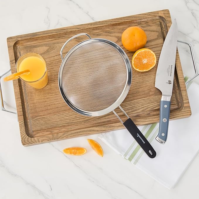 Restaurantware Fine Mesh Strainer 1 Count 15" x 7.8" x 3" with Silicone Handle Stainless Steel Extra Fine Mesh Strainer Heat-Resistant Handle Dishwasher-Safe for Rice, Quinoa, Pasta