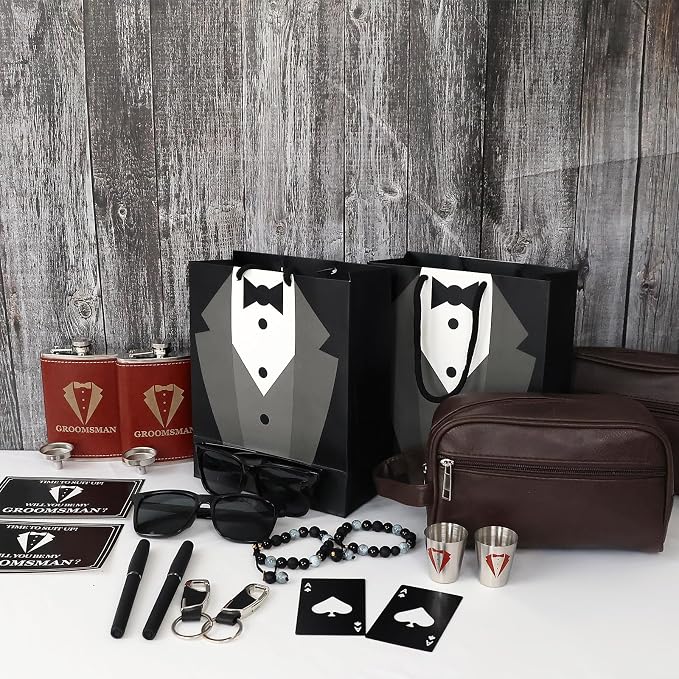 Set 6 Groomsmen Proposal Gifts - Groomsmen Gift Box with Leather Bag，Tuxedo Flask, Funnel，Shot Glasse，Poker Card Bottle Openers, Sunglasses, Pen，Bracelet, Card & Gift Bags for Wedding Party （Brown）