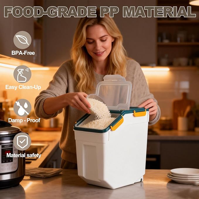 RUIAN 2Pcs Large Flour Storage Container Bin 25Lb Airtight Rice Storage Containers with Wheels Seal Locking Lid, BPA Free with Measuring Cup&Scoop for Flour, Rice, Grain(Blue)