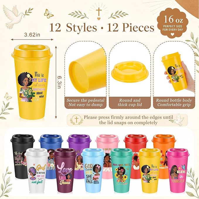 Hollowfly 12Set/48Pcs African Americans Black Women Christian Gifts Set Include 16oz African American Cup with Lid, Makeup Bags, Mirrors, Notepad, Black Owned Inspirational Gift for Women(Colorful)