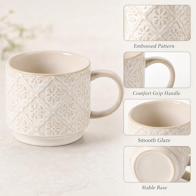 6 Oz Coffee Mugs with Stand, Stackable Coffee Cups Set of 4, Ceramic Espresso Cups, Embossed Cappuccino Cups for Latte, Cocoa, Mocha, Tea, Housewarming Wedding Present, Dishwasher Safe