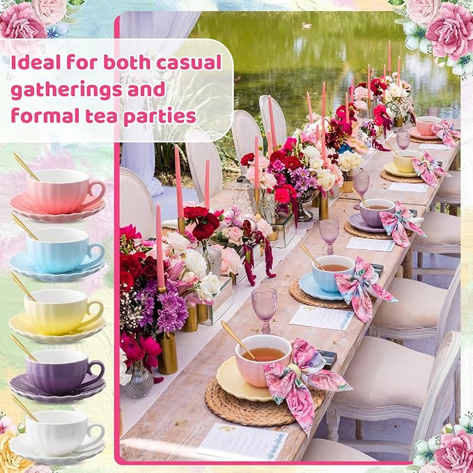 Set of 6 Tea Cups and Saucers Tea Party Decorations 5.4 oz British Cappuccino Cups with Saucers Floral Napkin Gift for Women Birthday Party Church Mother's Day