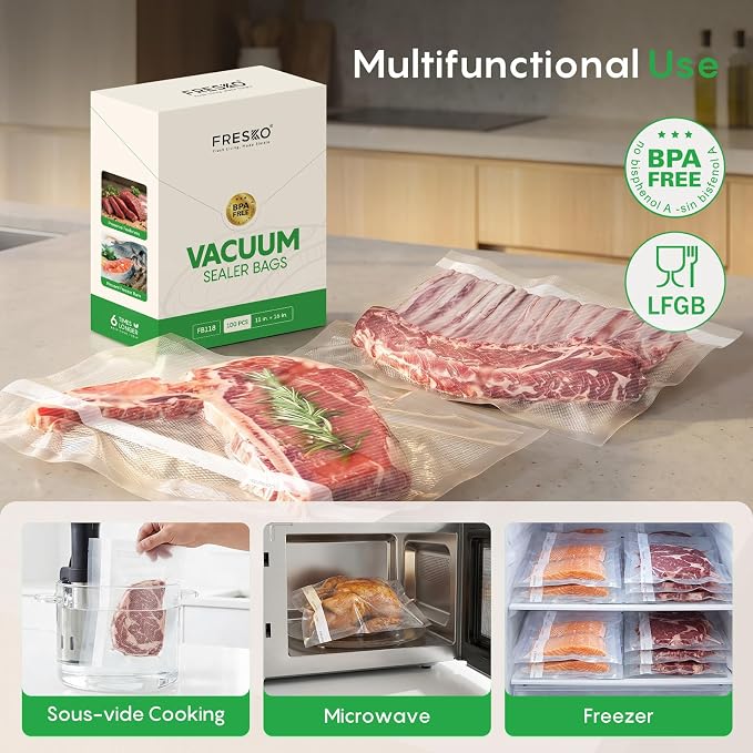 FRESKO 100 Pack 11"x16" Vacuum Sealer Bags, Seal a Meal Precut Storage Bag, Sous Vide Vacuum Safe, BPA Free, Heavy Duty Commercial Grade