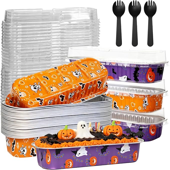50Pack Halloween Mini Cake Pans Disposable Mini Loaf Pans with Lids and Spoons, 6.8Oz Aluminum Foil Pans Tins, Individual Dessert Cups Containers for Sales,Party,Picnics