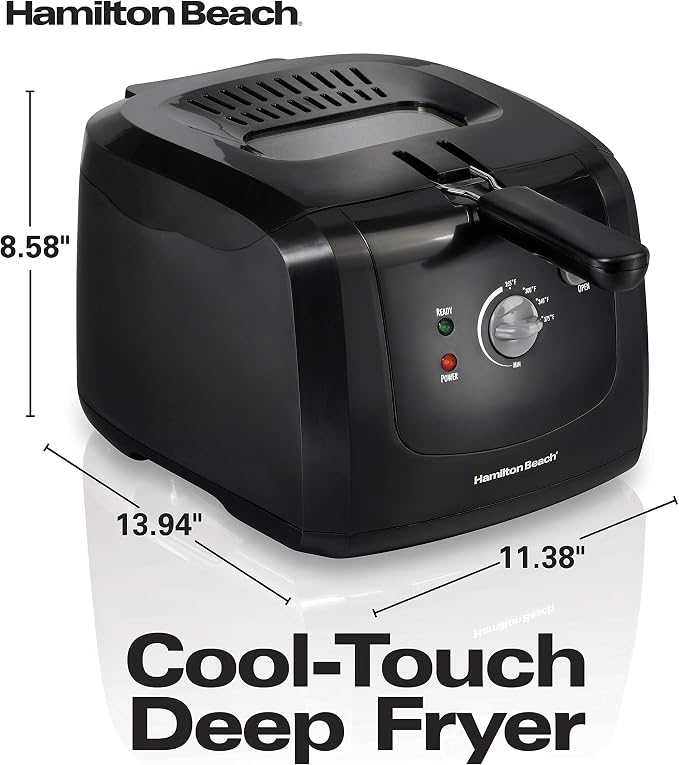 Hamilton Beach Cool Touch Electric Deep Fryer with Basket For Home Use | 2 Liter / 8 Cup Oil Capacity | 1500 Watts | Cool-Touch Sides | Lid With View Window | Adjustable Temperature | Black | 35021