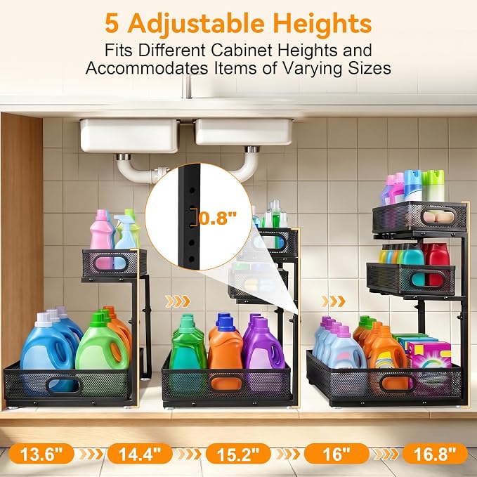 Under Sink Organizer for Bathroom, 3 Tier Adjustable Height Under Sink Storage, Sliding Pull Out Cabinet Organizer Shelf, Metal Multi-Purpose Cabinet Organizer for Kitchen (2 Pack, Black)