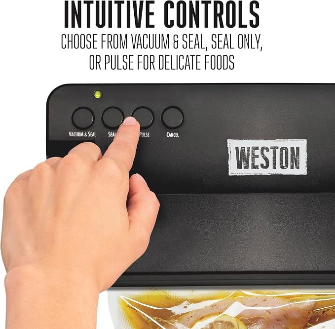 Weston Compact Vacuum Sealer Machine For Food With Powerful 23” Hg Pump | For Bags Up To 11” Wide | 100 Watts | Corner Guides for Easy Align | Intuitive Controls + Pulse Function | Black | 65-2061-W