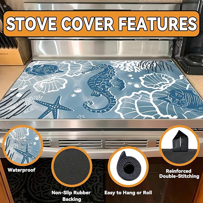 Decorative Stove Top Covers for Electric Stove 28"x20" – Heat Resistant Glass Cooktop Protector Dish Drying Mat – Non-Slip Rubber Backing Washer Top Cover Waterproof Extra Counter Space (Ocean 2)
