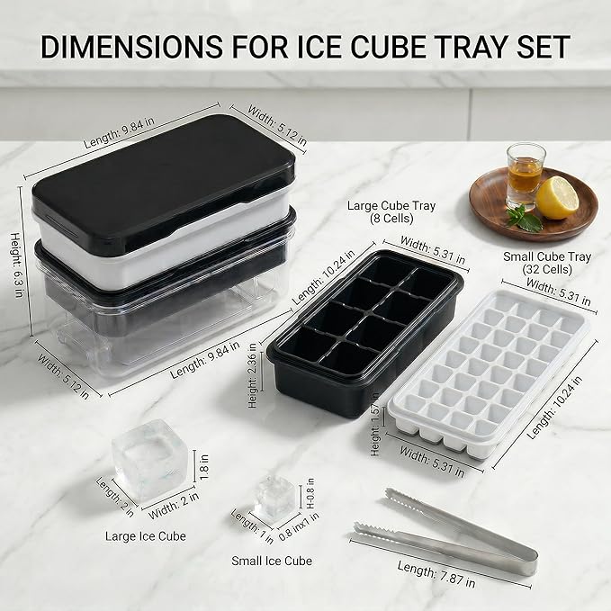 Ice Cube Tray with Lid and Bin, Ice Trays for Freezer with 40 Cubes, Easy-Release Silicone Ice Cube Molds, Stackable Ice Bucket Kits with Stainless Steel Ice Tongs for Drinks, Coffee, Cocktail