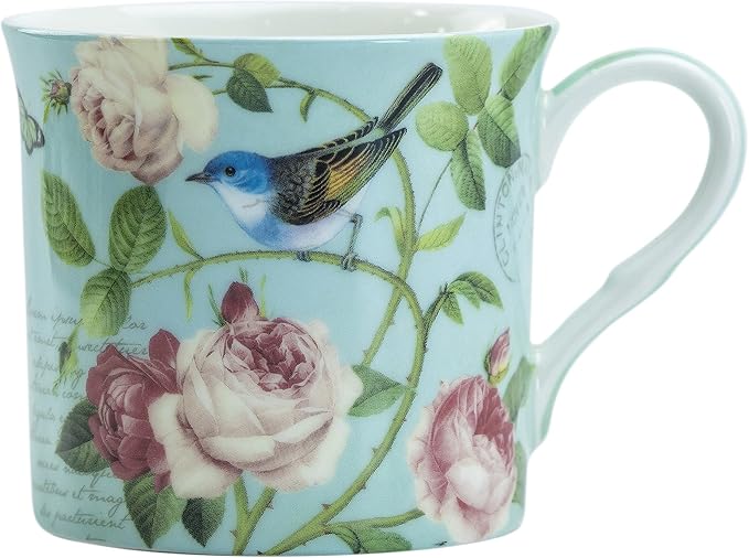 Bone China Coffee Tea Mugs 10-Ounce, Assorted (Botanical Bird Garden), 4 Count (Pack of 1)
