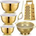 Baderke 6 Pcs Gold Kitchen Accessories Set Includes 3 Gold Mixing Bowls with Airtight Lids Stainless Steel Colander Grater Slicer and Fine Mesh Strainer (Mixing Bowls: 3.7/5/7 Qt, Colander: 5 Qt)
