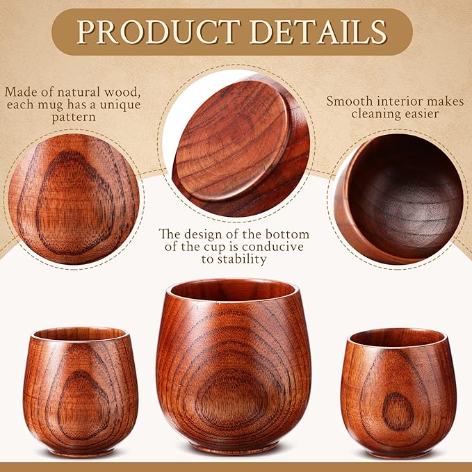 Gerrii 10 Pieces Wooden Tea Cup Wood Coffee Mug Water Japanese Solid Drinking Teacup Glass for Wine, Beer, Milk, Hot Drinks, 6 oz