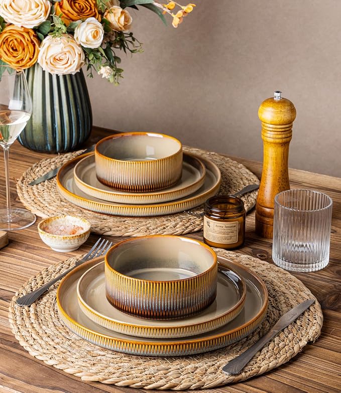 TheTerra Ceramic Dinnerware Sets for 4, 12 Pieces Porcelain Lightweight Plates and Bowls Sets, Scratch Resistant Dish Set, Oven & Microwave & Dishwasher Safe, Creamy Amber