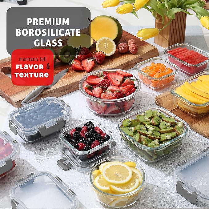 Nestl 24pc Glass Storage Containers with Lids, 12 Glass Food Storage Containers with 12 Airtight Lids for Pantry & Kitchen, Meal Prep Containers for Lunch, Oven Microwave & Dishwasher Safe, Gray