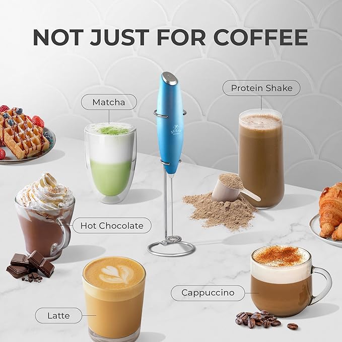 Zulay Kitchen Powerful Milk Frother Wand With 4 AA Duracell Batteries - Ultra Fast Handheld Drink Mixer - Electric Whisk Foam Maker for Coffee, Lattes, Cappuccino, Matcha & Creamer - Metal Blue