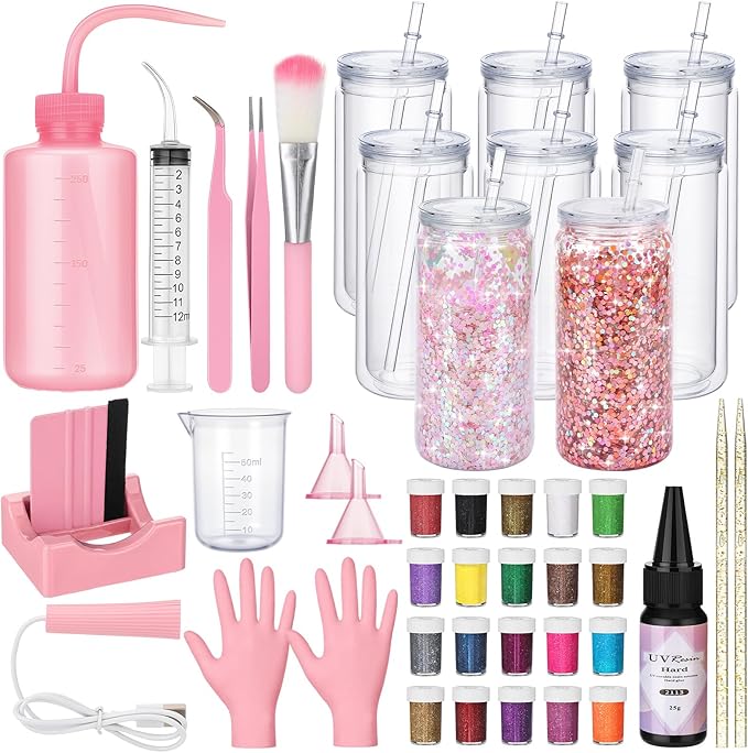 Meanplan 8 Pack DIY Plastic Snow Globe Tumbler Supplies Kit 16oz Pre Drilled Double Wall Cup 20 Colors Glitter Squeeze Bottle Funnel Tweezer Syringe Cradle Measuring Cup Flashlight Buffer Glove