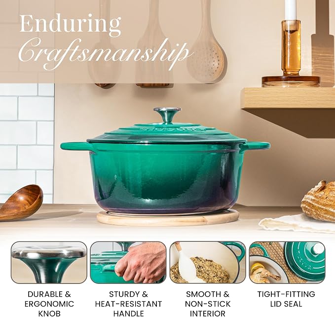 Cast Iron Dutch Oven with Lid - Non-Stick Ovenproof Enamelled Casserole Pot- Sturdy Dutch Oven Cookware - Dark Green, 7.3-Quart, 30cm - by Nuovva