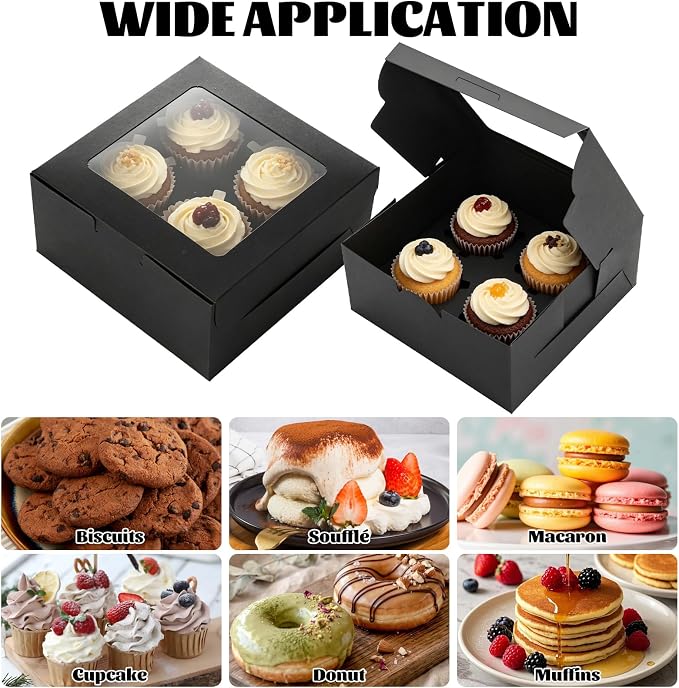 100 Pcs Cupcake Boxes, Cupcake Box Set, Black Pastry Boxes with Window and 4-Cup Inserts, 6x6x3 in Bakery Cartons for Cookies, Cakes, Muffins, Dessert Transport