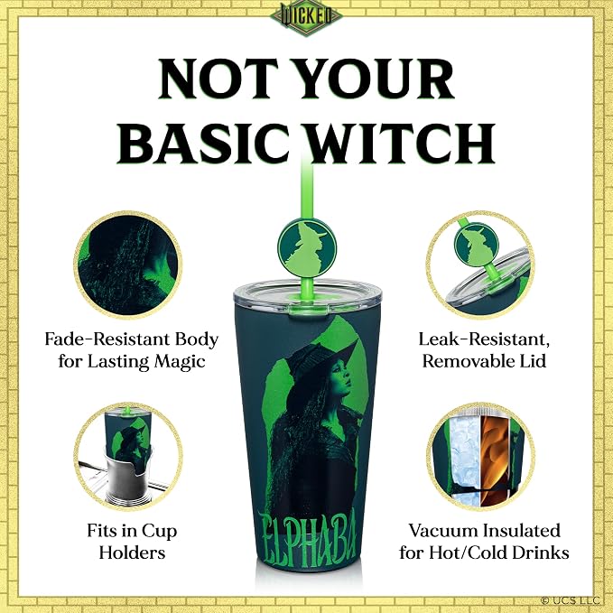 Dragon Glassware x Wicked: For Good 16 oz Blind Box Tumbler - Vacuum Insulated Tumbler Cup with 2 Straws - Stainless Steel Tumbler with Straw Topper for Water, Iced Tea