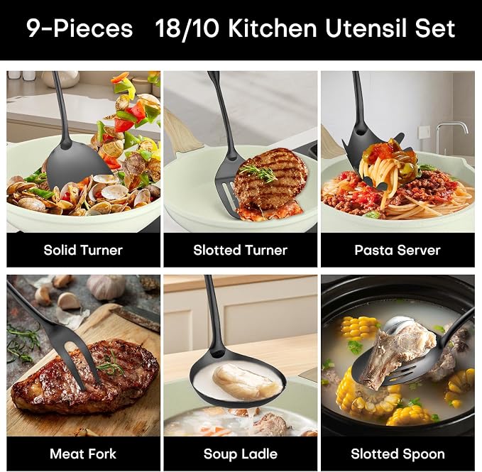 Lazycorner Kitchen Utensil Set 9-Piece Stainless Steel 304 Polished Mirror Finish Cooking Spoons, Slotted Spoon, Turner, Spatula, Pasta Spoon– Dishwasher Safe, Rust-Resistant