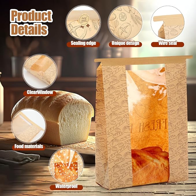 Feifeiya 250 Set Bread Paper Bags for Homemade Sourdough Kraft Bread Bags with Clear Window Seal Stickers 14'' x 8.3'' x 3.5'' Large Bakery Packaging for Storage Baked Goods Cookies