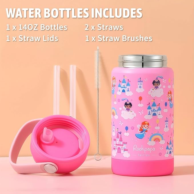 rockpapa Kids Lunch Box Set with 14oz Insulated Water Bottle & Lunch Bag, Leakproof 5.5 Cups Bento Box for School & Children, BPA-Free, Microwave Safe for Boys Girls (Pink Fairies)