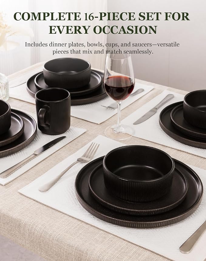 OTAGO 16-Piece Dinnerware Set for 4 with Mugs, Ribbed Stoneware Plates and Bowls Sets, Unique Handcrafted Reactive Glaze, Chip and Scratch Resistant Dish Set, Microwave & Dishwasher Safe, Black