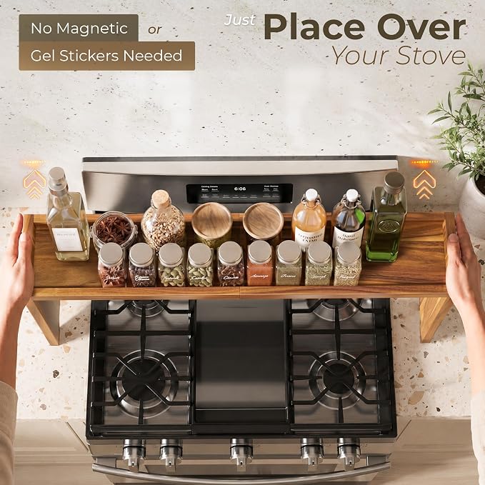 BLUEWEST Wood Over The Stove Spice Shelf for Kitchen Storage, 31.5" Solid Acacia Wood Stove Top Spice Rack Organizer, 12.2" Height, Water-Resistant, No Drilling, Easy to Assemble Kitchen Storage
