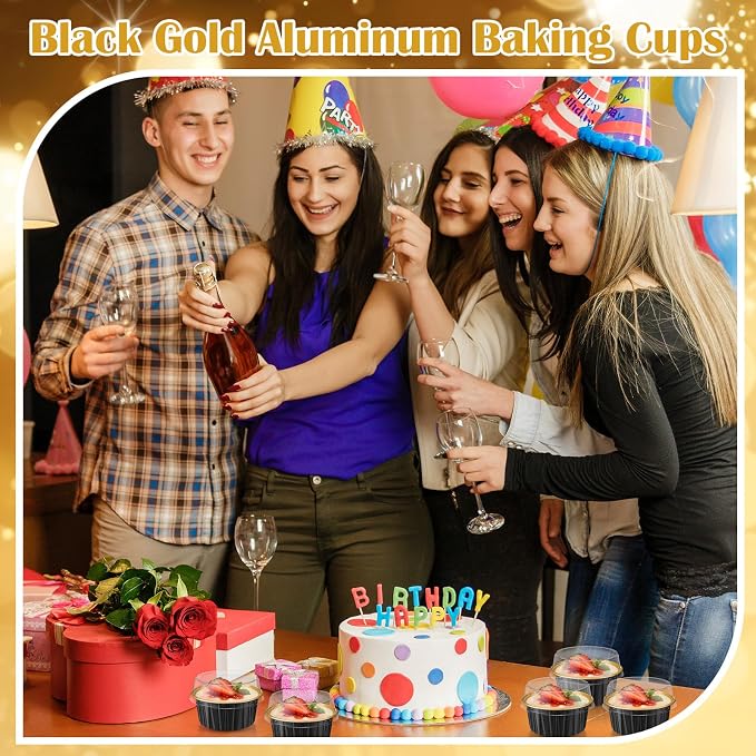 Gejoy 500 Pcs Aluminum Foil Baking Cups with Lids 5 oz Disposable Ramekins Mini Cake Pans Creme Brulee Cupcake Liners Muffin Dessert Container for Wedding Birthday Party (Classic,Black and Gold)