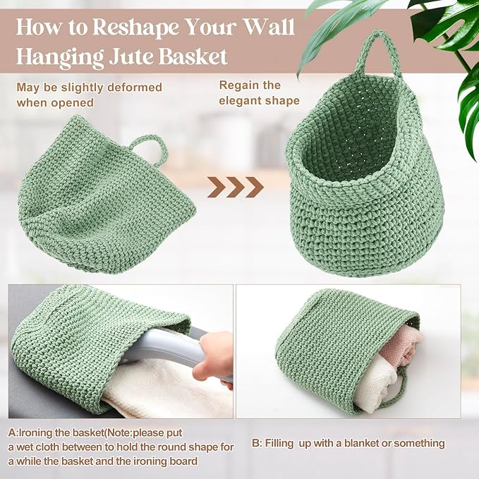 Honeydak Boho Decor Hanging Wall Baskets for Kitchen 3 Pack Teardrop Baskets with Hooks Storage Fruit Onion Vegetable Potato for Home 3 Sizes (Sage Green,Barrel,Cotton Rope)