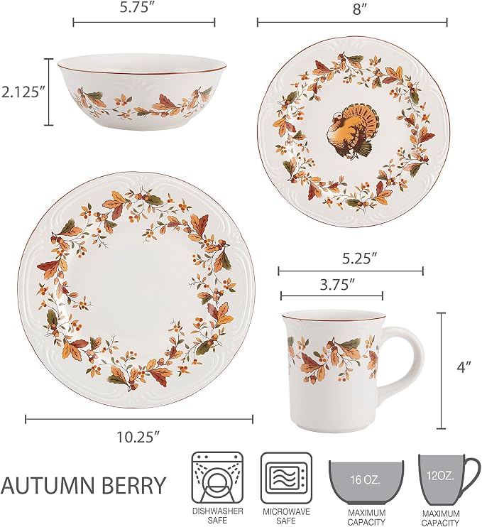 Pfaltzgraff Autumn Berry 16 Piece Dinnerware Set, Service for 4, Multi Colored