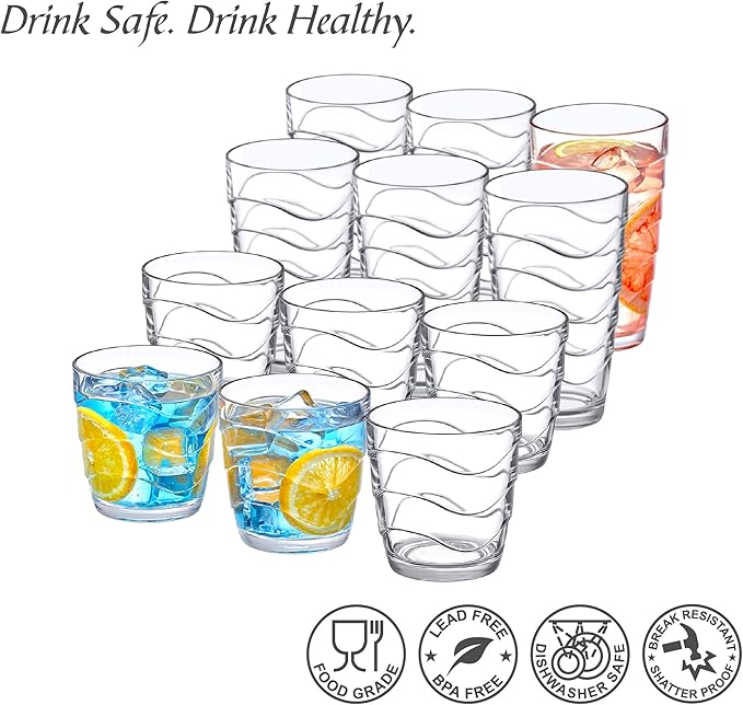 Amazing Abby - Wavely - 14-Ounce and 20-Ounce Plastic Tumblers (Set of 12), All-Clear Reusable Plastic Cups, Stackable, BPA-Free, Shatter-Proof, Dishwasher-Safe
